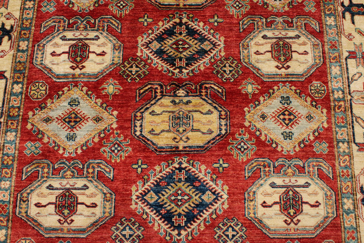 5x8 Beige and Red Kazak Tribal Rug