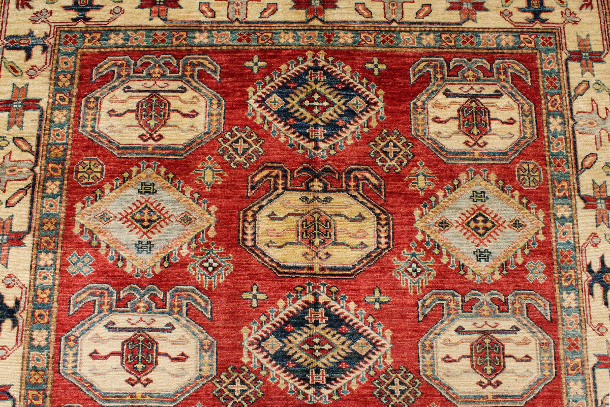 5x8 Beige and Red Kazak Tribal Rug