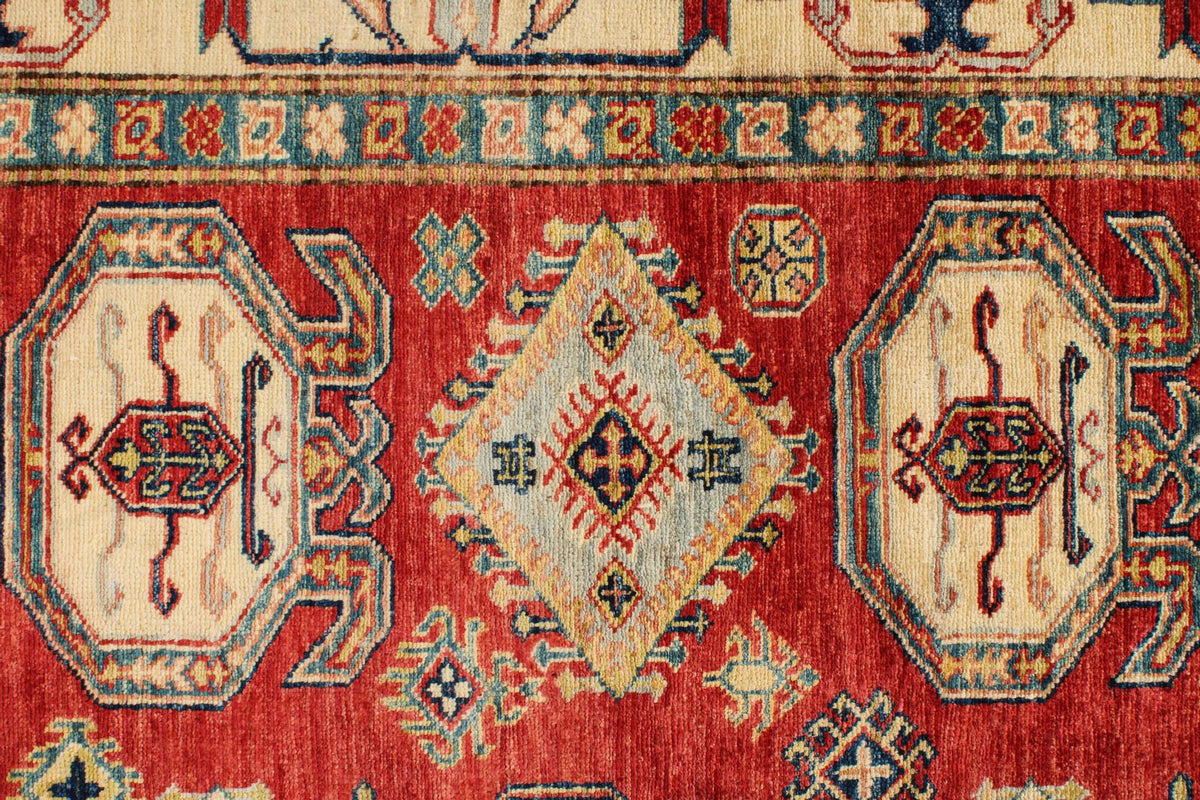 5x8 Beige and Red Kazak Tribal Rug