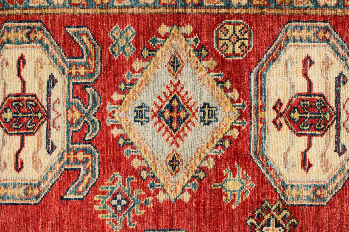 5x8 Beige and Red Kazak Tribal Rug