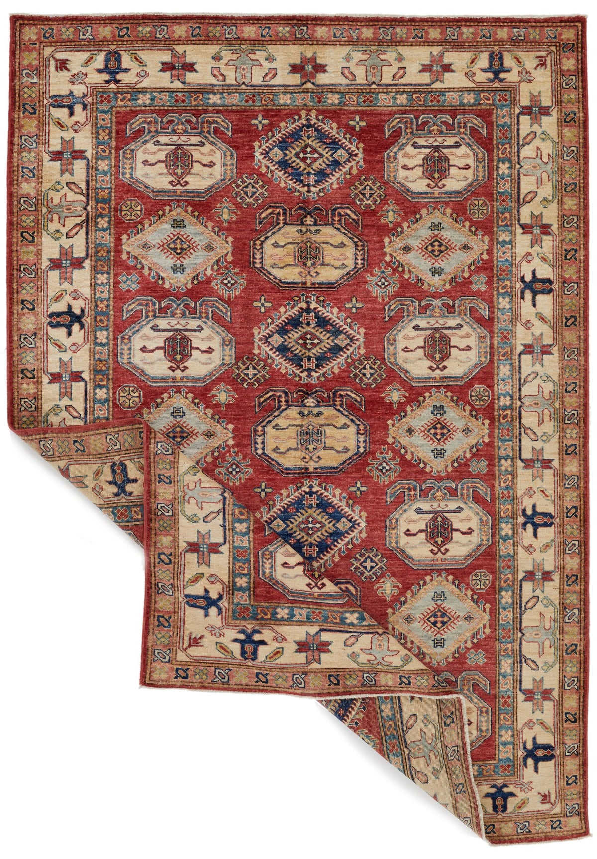 5x8 Beige and Red Kazak Tribal Rug