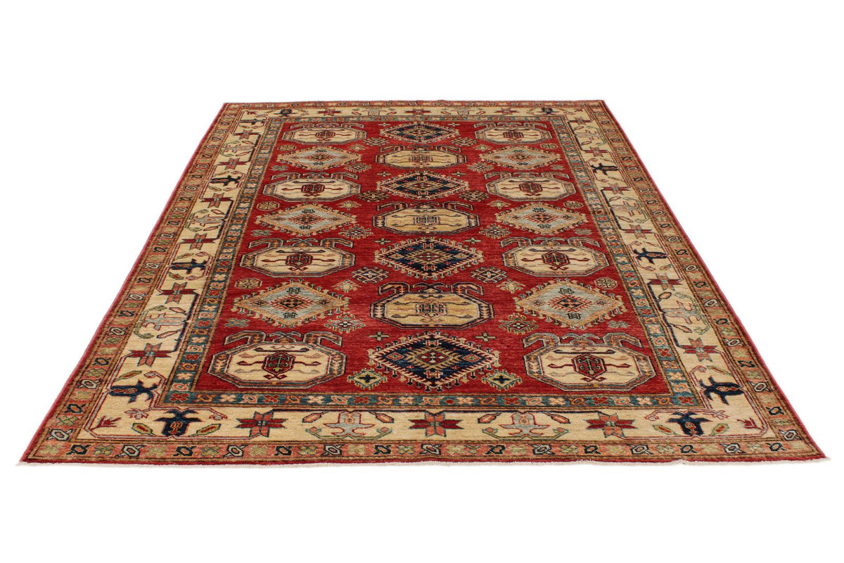 5x8 Beige and Red Kazak Tribal Rug