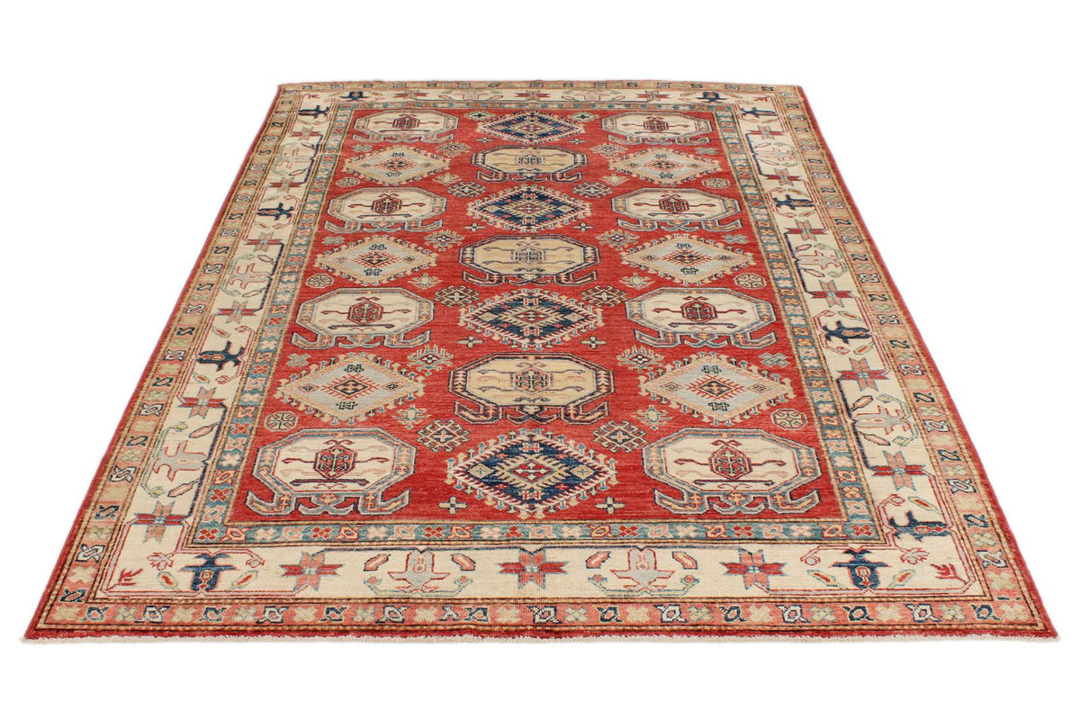 5x8 Beige and Red Kazak Tribal Rug