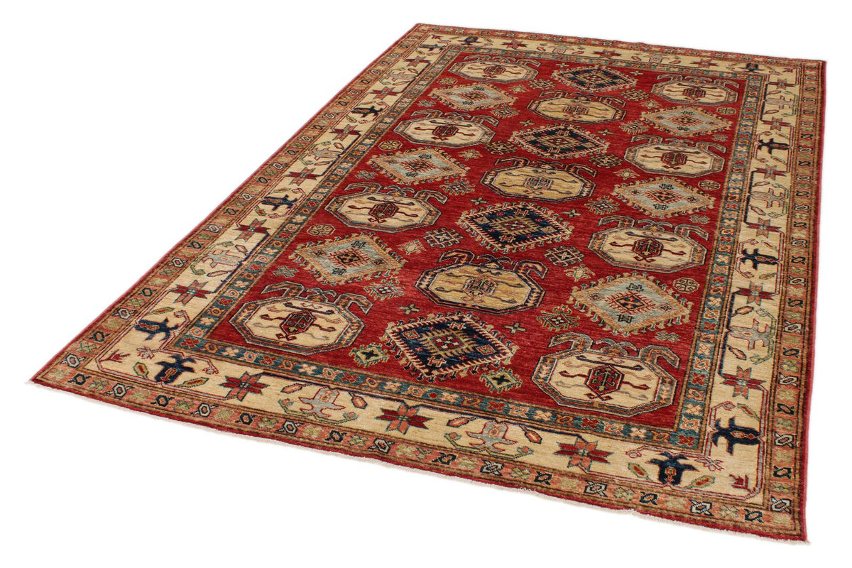 5x8 Beige and Red Kazak Tribal Rug