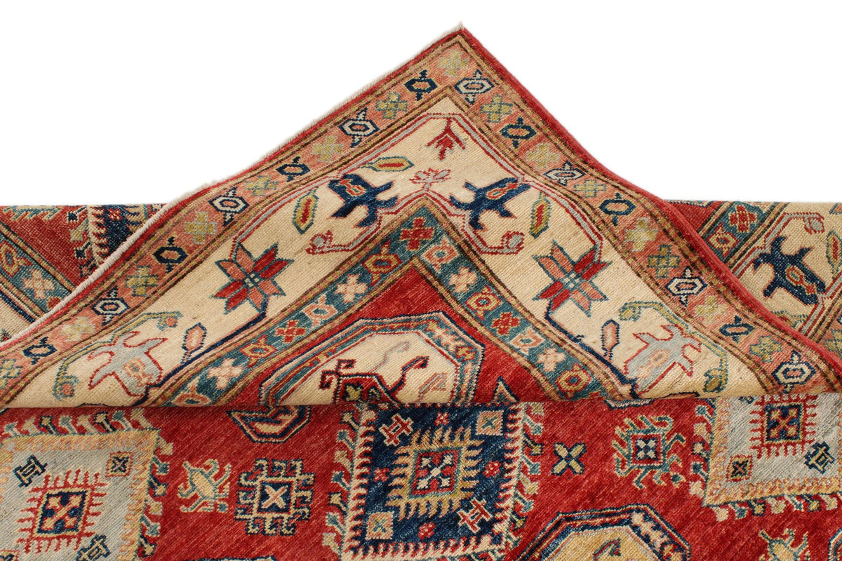 5x8 Beige and Red Kazak Tribal Rug