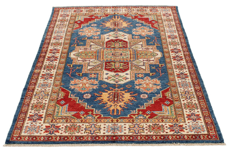 4x7 Navy and Ivory Kazak Tribal Rug