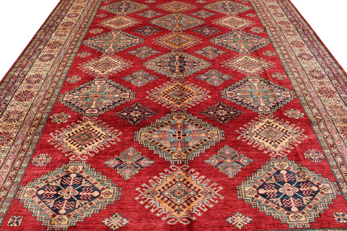 9x12 Red and Ivory Kazak Tribal Rug
