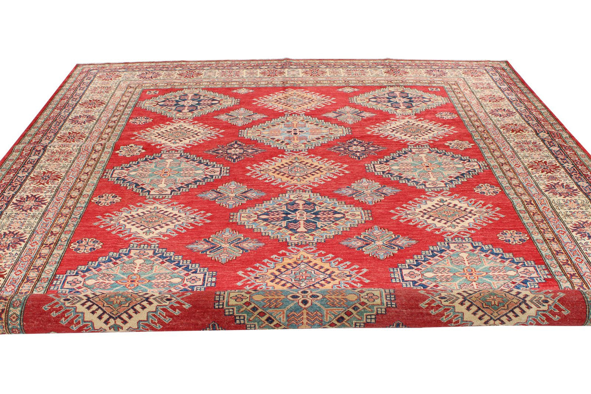9x12 Red and Ivory Kazak Tribal Rug
