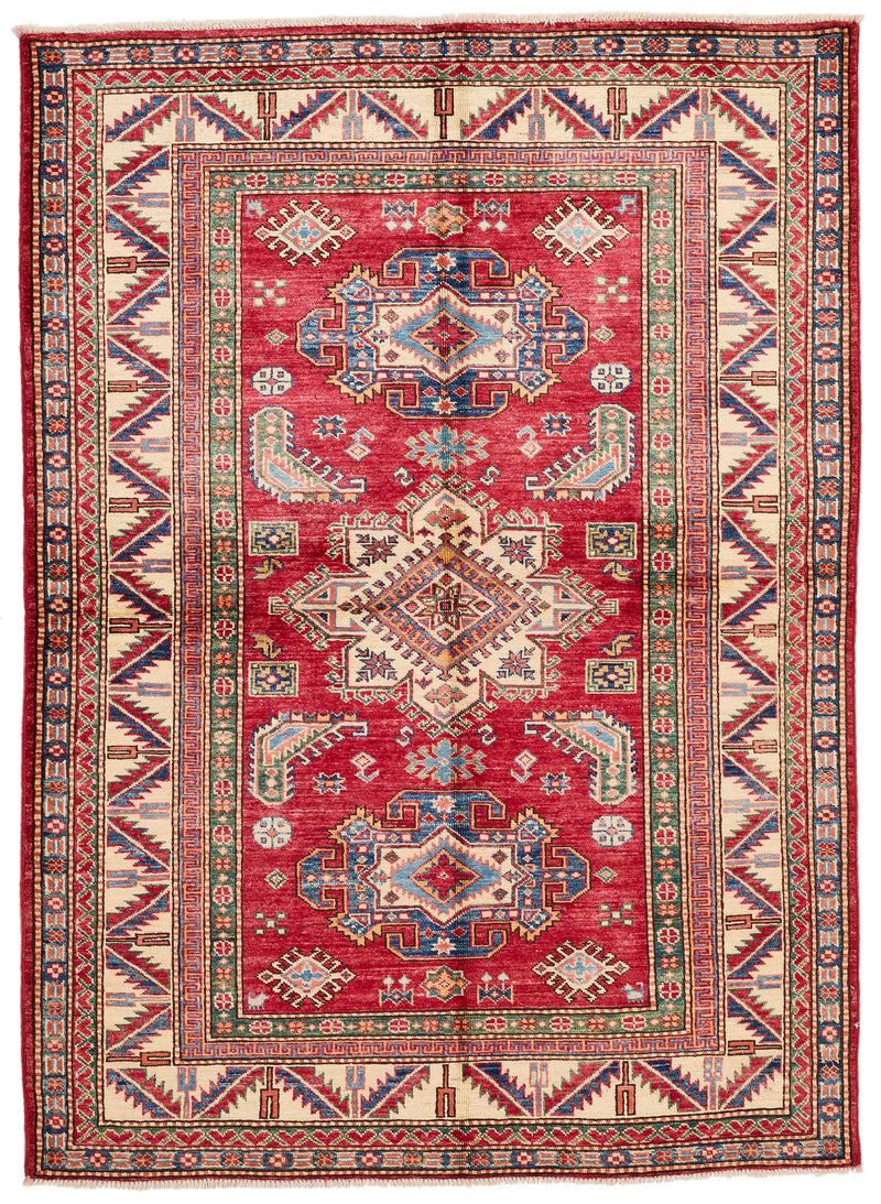 4x6 Ivory and Red Kazak Tribal Rug