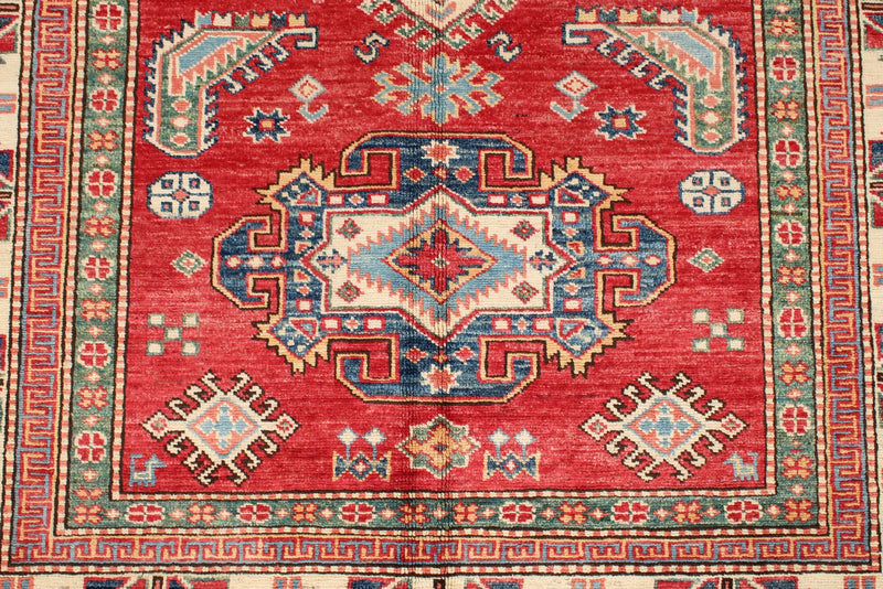 4x6 Ivory and Red Kazak Tribal Rug