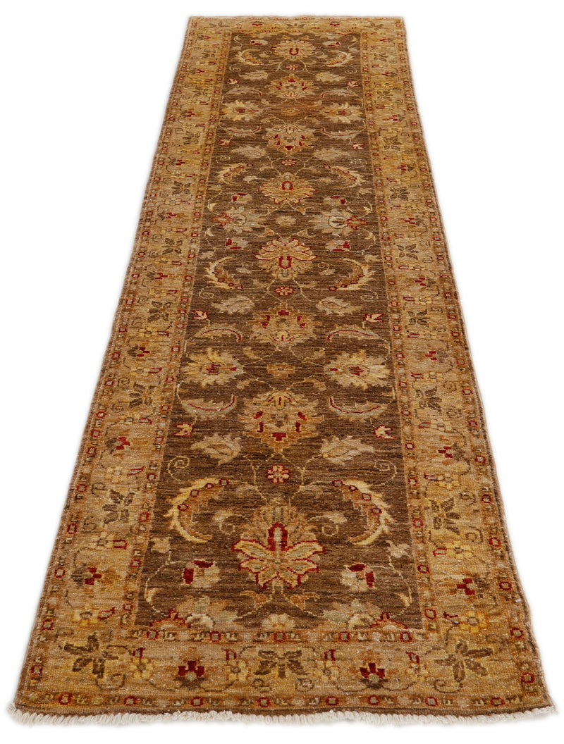 Vintage Handmade 3x9 Brown and Beige Anatolian Turkish Oushak Distressed Area Runner
