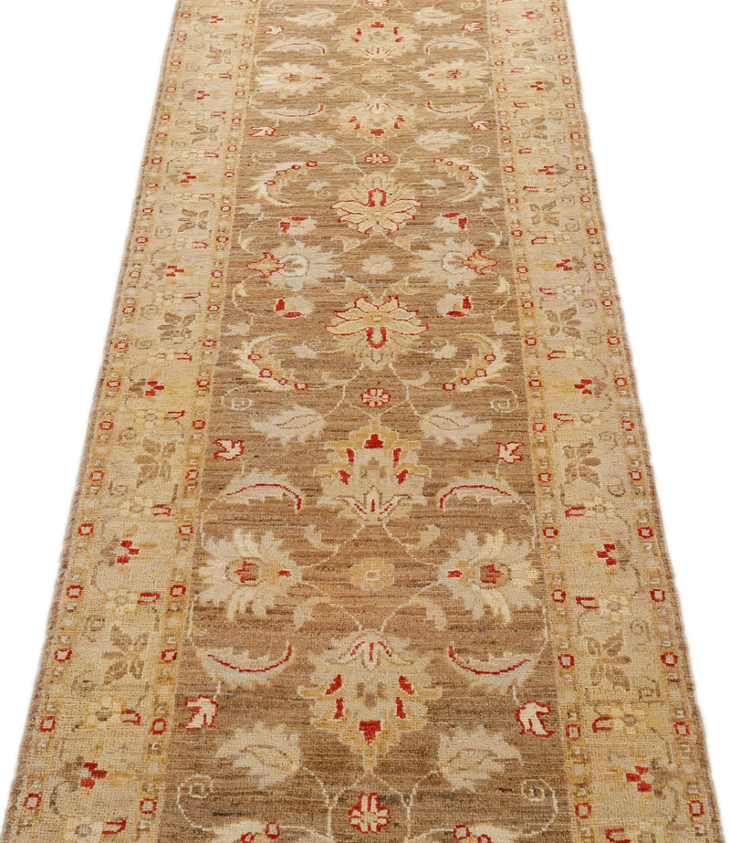 Vintage Handmade 3x9 Brown and Beige Anatolian Turkish Oushak Distressed Area Runner