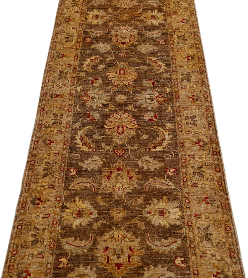 Vintage Handmade 3x9 Brown and Beige Anatolian Turkish Oushak Distressed Area Runner