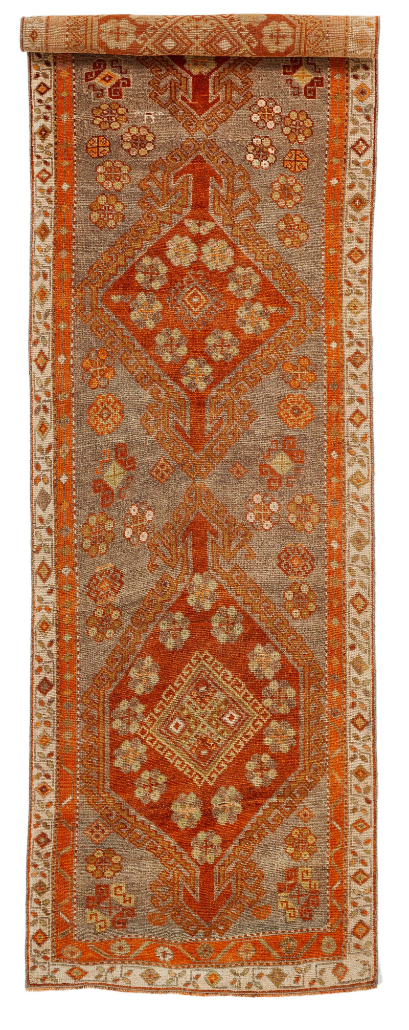 3x9 Orange and Gray Turkish Tribal Runner