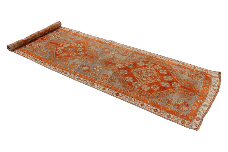 3x9 Orange and Gray Turkish Tribal Runner