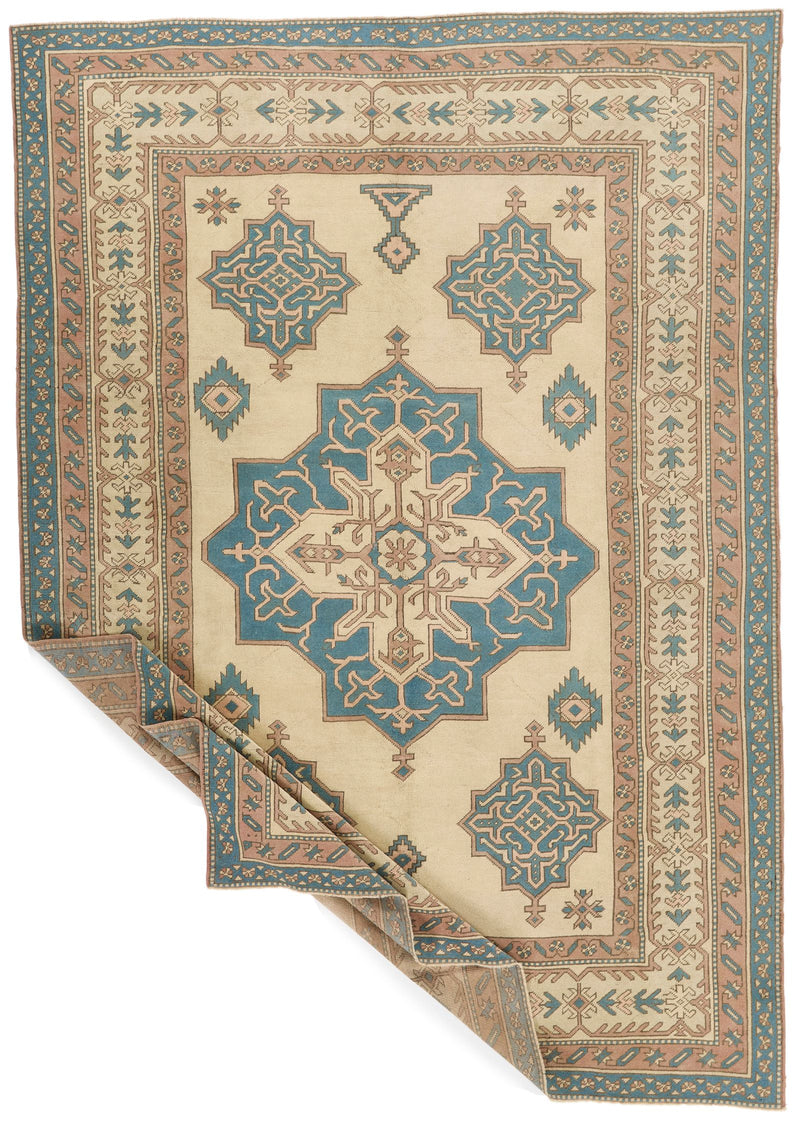 8x11 Blue and Ivory Turkish Tribal Rug