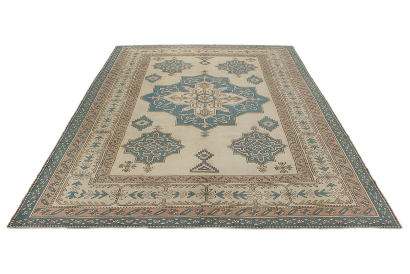 8x11 Blue and Ivory Turkish Tribal Rug