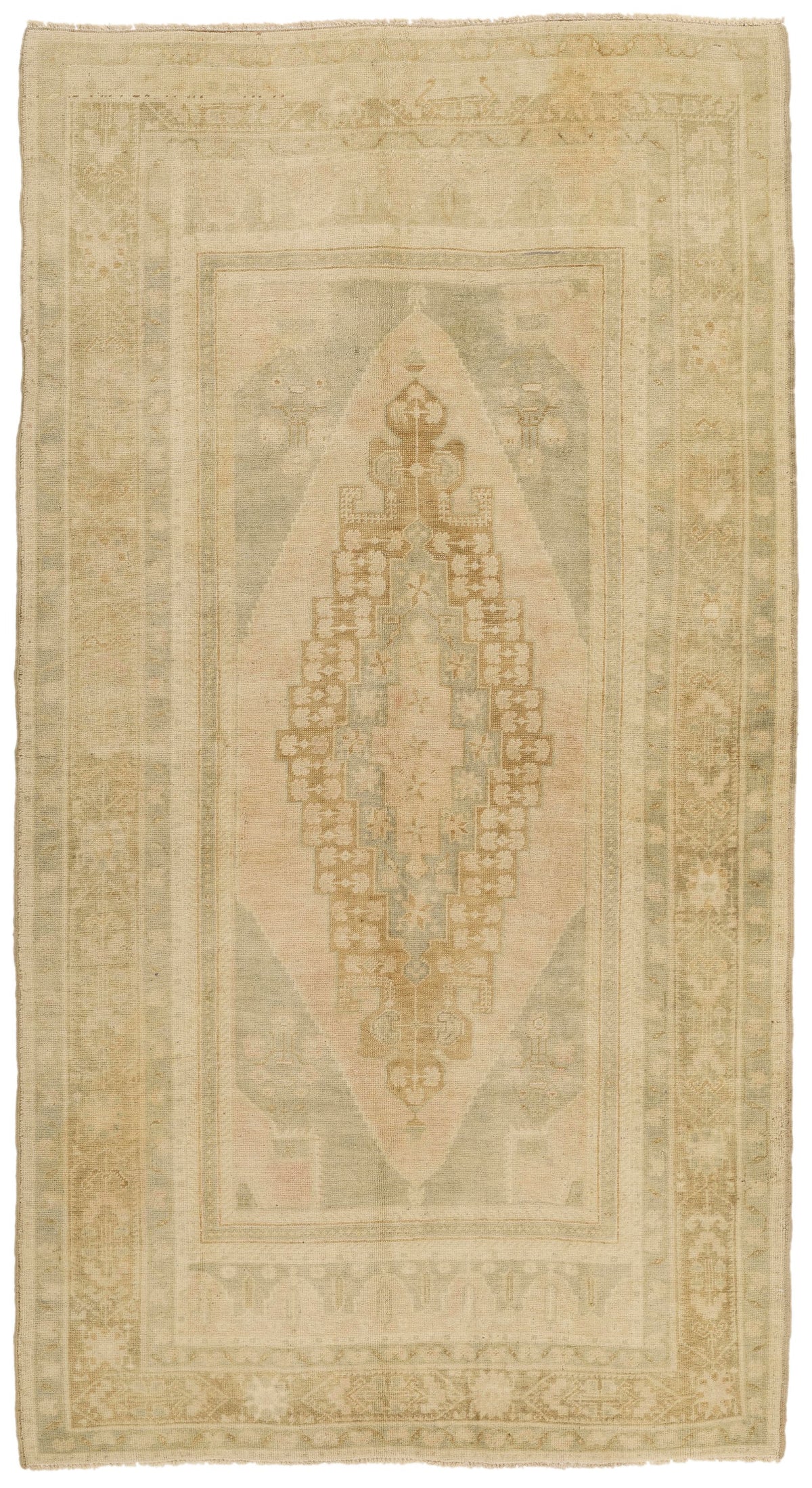 5x9 Green and Beige Turkish Tribal Rug