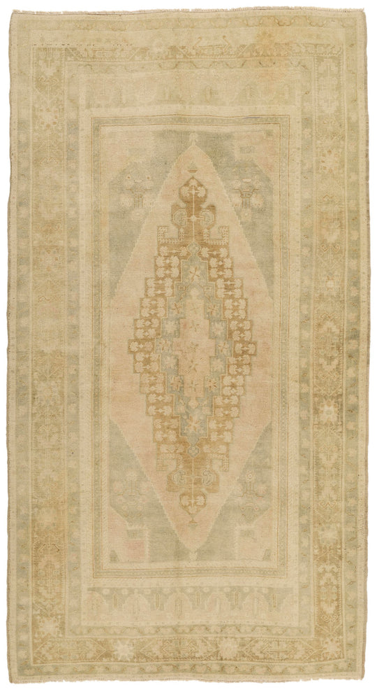 5x9 Green and Beige Turkish Tribal Rug