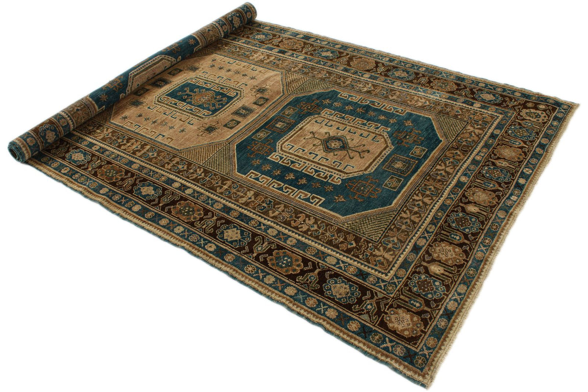 5x9 Green and Brown Turkish Tribal Rug