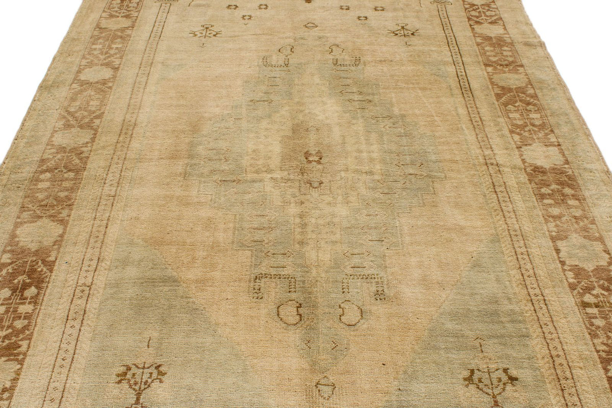 6x11 Green and Beige Turkish Tribal Rug