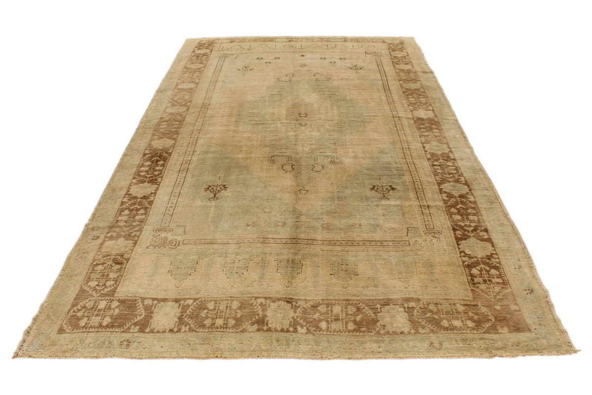 6x11 Green and Beige Turkish Tribal Rug