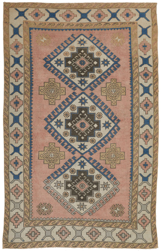 4x7 Pink and White Turkish Tribal Rug