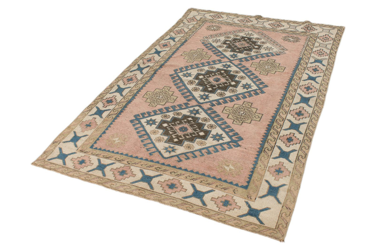 4x7 Pink and White Turkish Tribal Rug