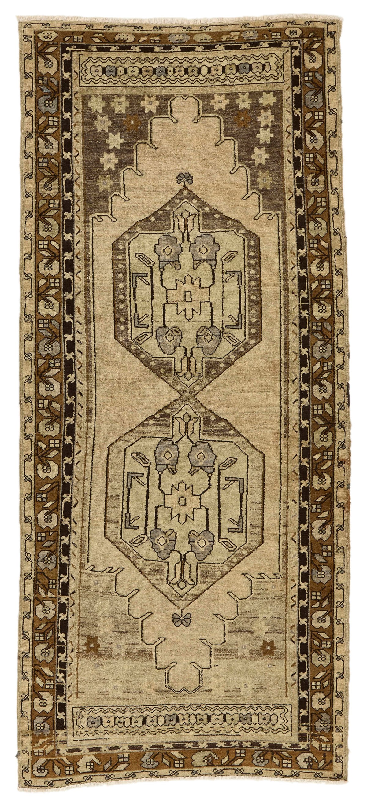 4x9 Ivory and Brown Turkish Tribal Rug