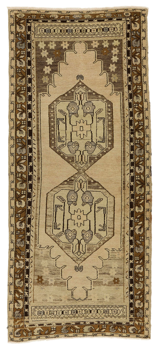 4x9 Ivory and Brown Turkish Tribal Rug