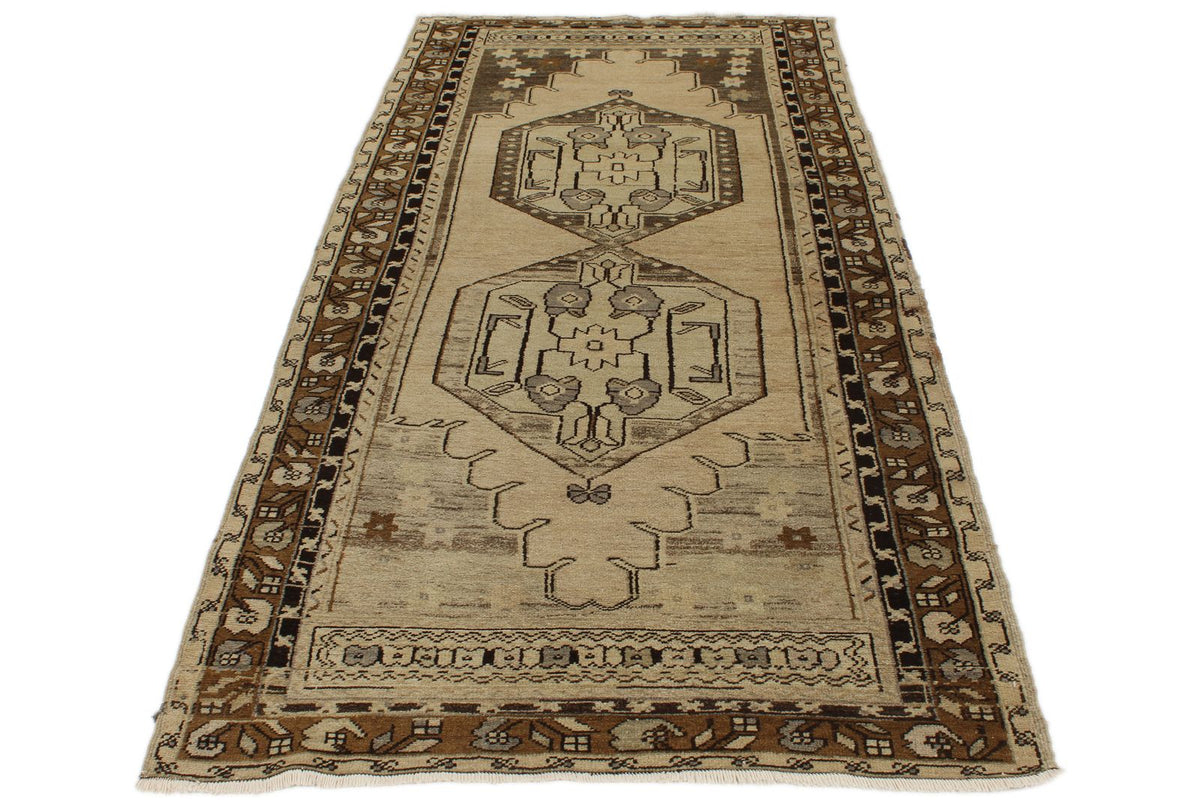 4x9 Ivory and Brown Turkish Tribal Rug