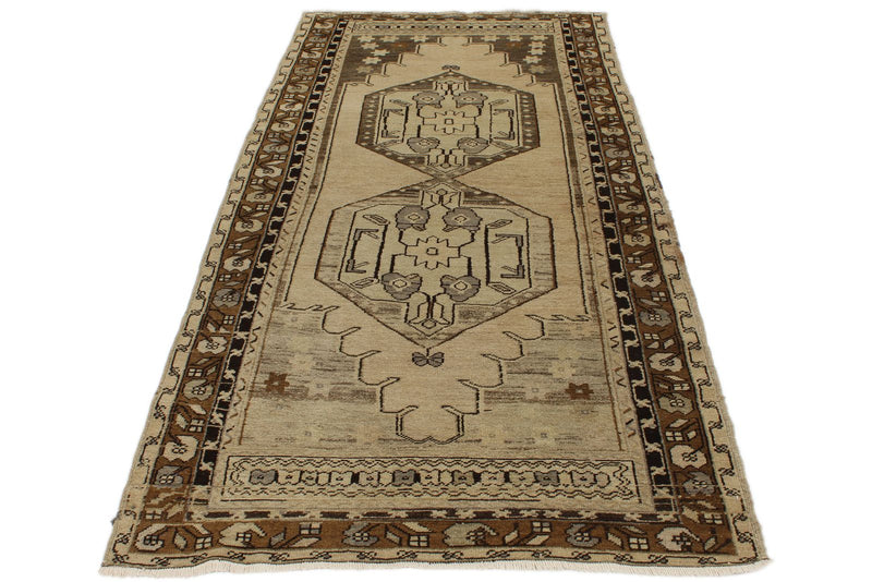 4x9 Ivory and Brown Turkish Tribal Rug