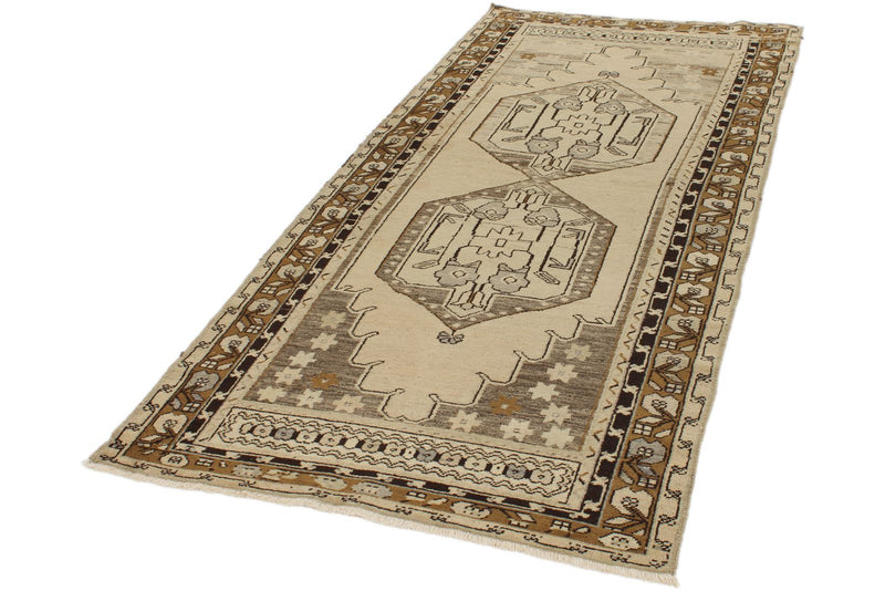 4x9 Ivory and Brown Turkish Tribal Rug