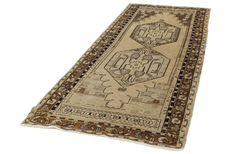 4x9 Ivory and Brown Turkish Tribal Rug