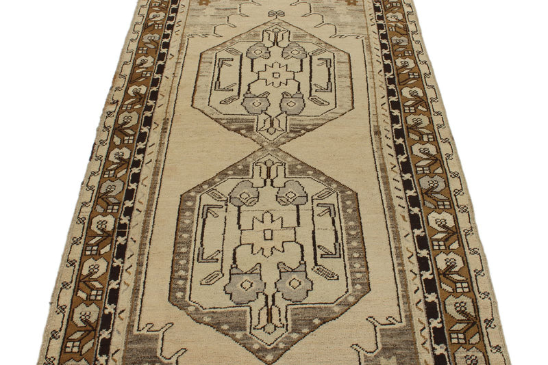 4x9 Ivory and Brown Turkish Tribal Rug