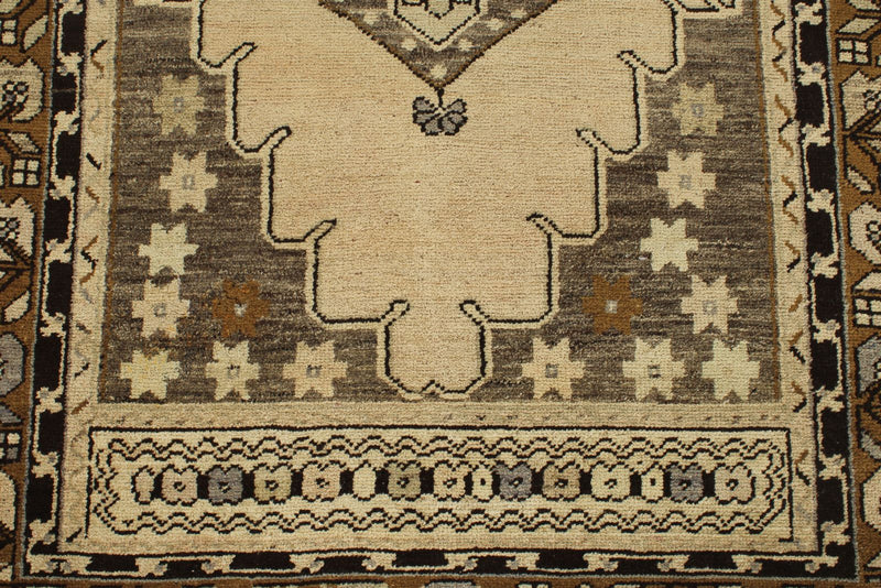 4x9 Ivory and Brown Turkish Tribal Rug