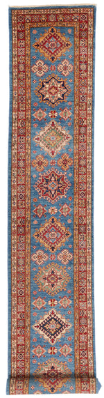 3x23 Red and Blue Kazak Tribal Runner