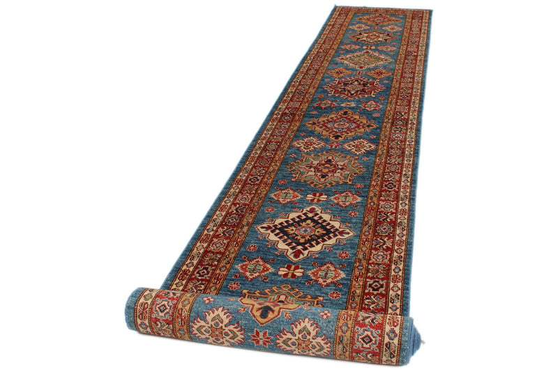 3x23 Red and Blue Kazak Tribal Runner