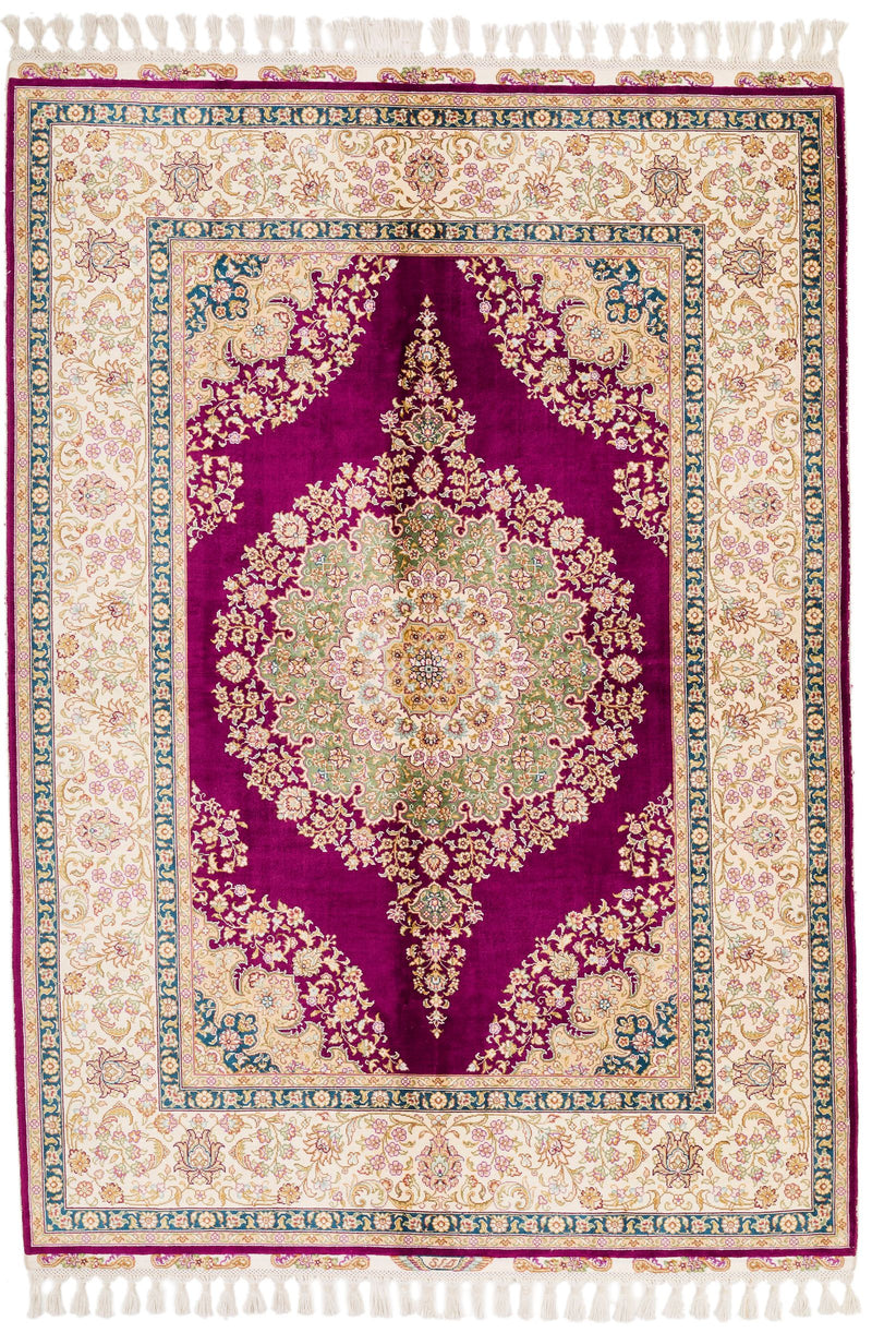 5x6 Purple and Ivory Turkish Silk Rug