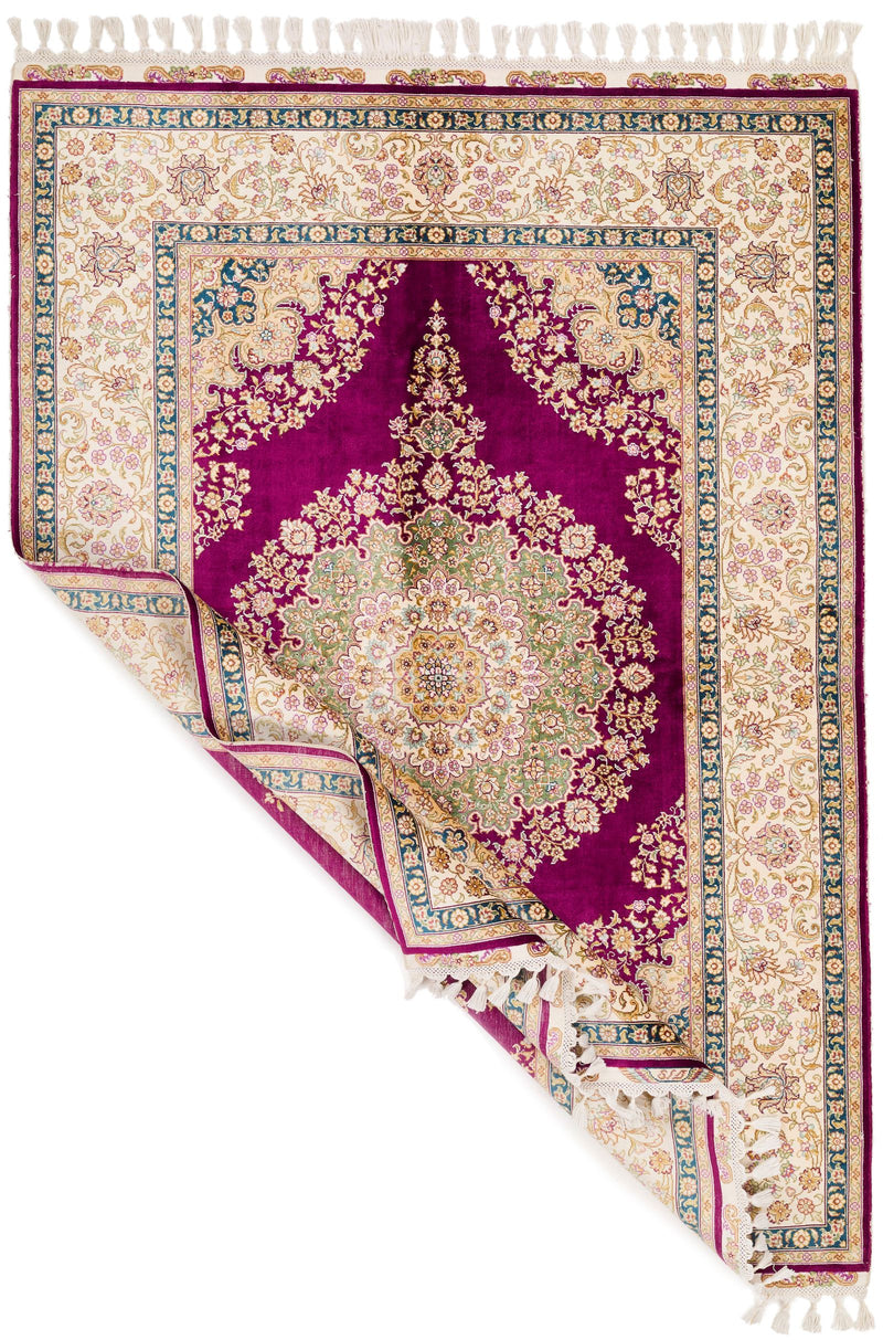 5x6 Purple and Ivory Turkish Silk Rug