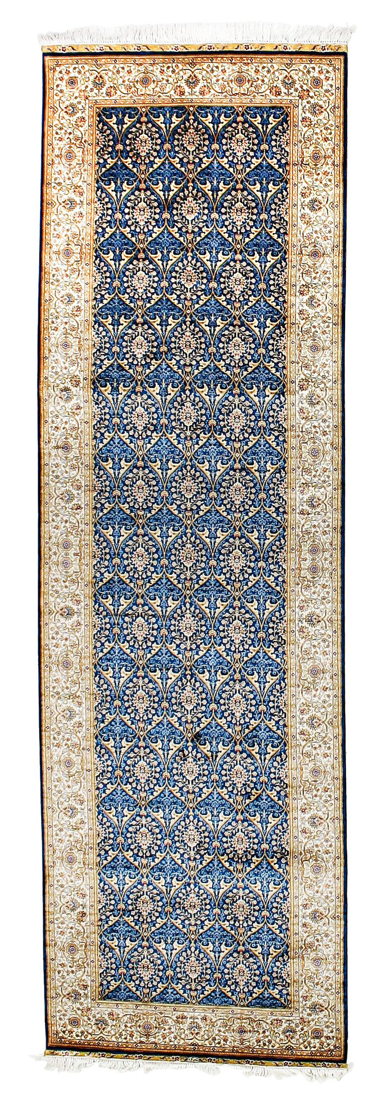 3x10 Blue and Ivory Turkish Silk Runner