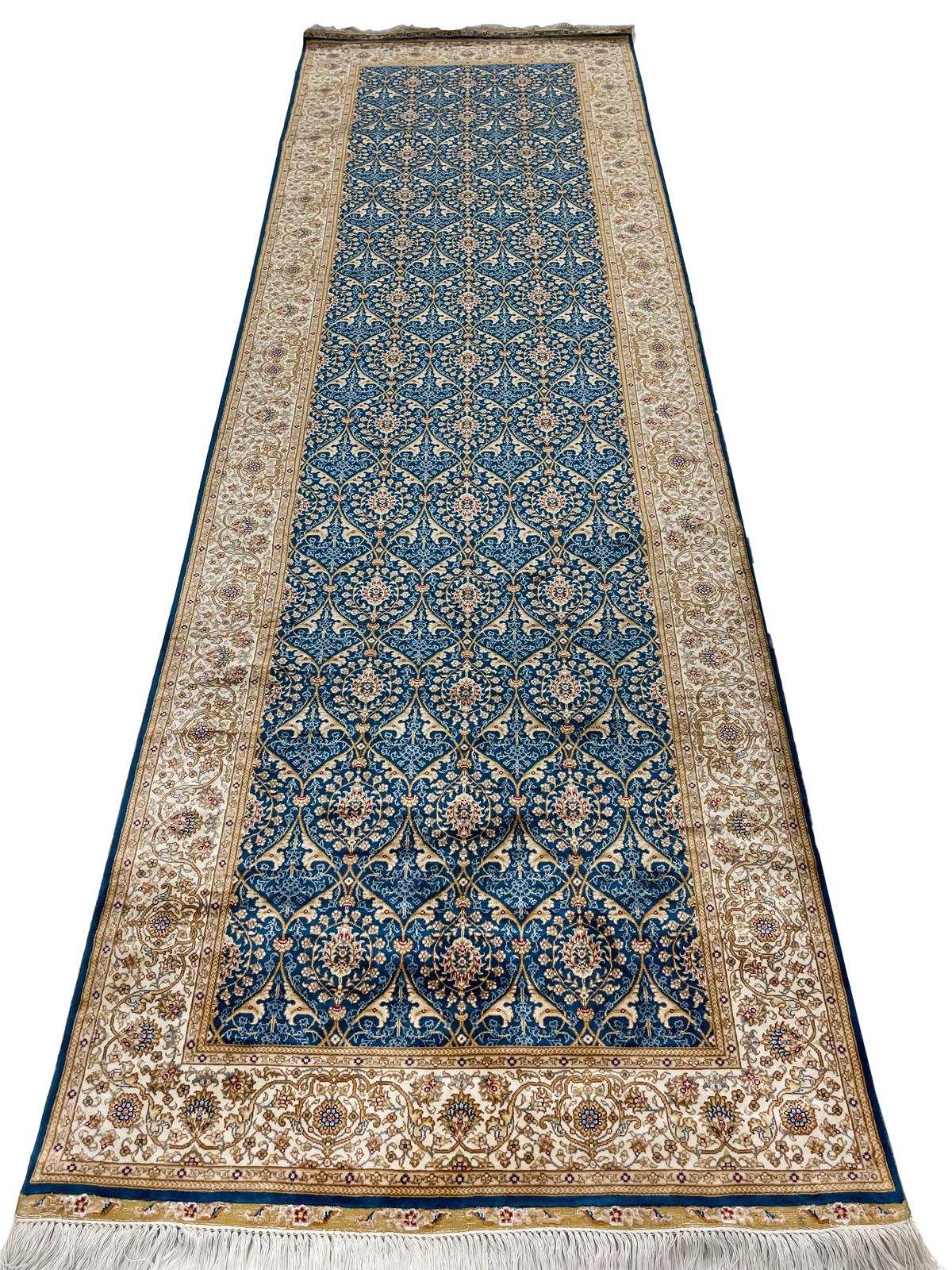 3x10 Blue and Ivory Turkish Silk Runner