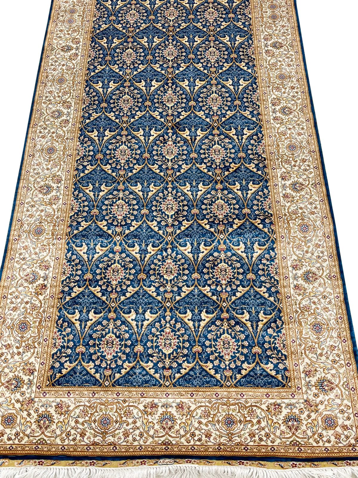3x10 Blue and Ivory Turkish Silk Runner