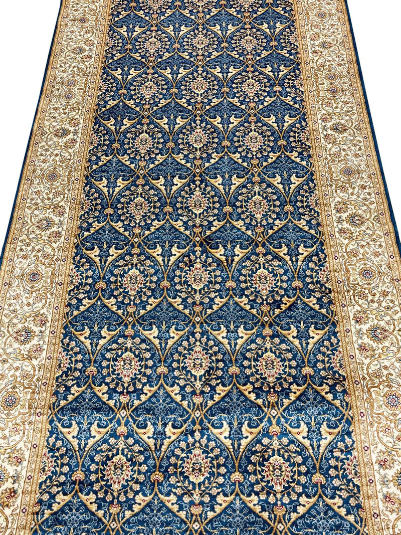 3x10 Blue and Ivory Turkish Silk Runner