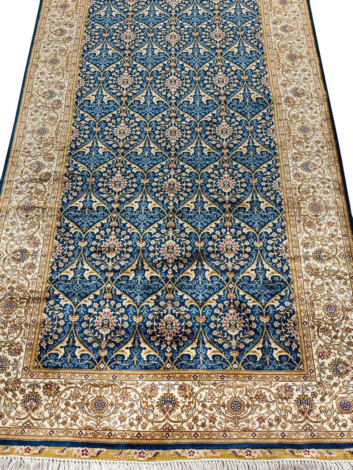 3x10 Blue and Ivory Turkish Silk Runner