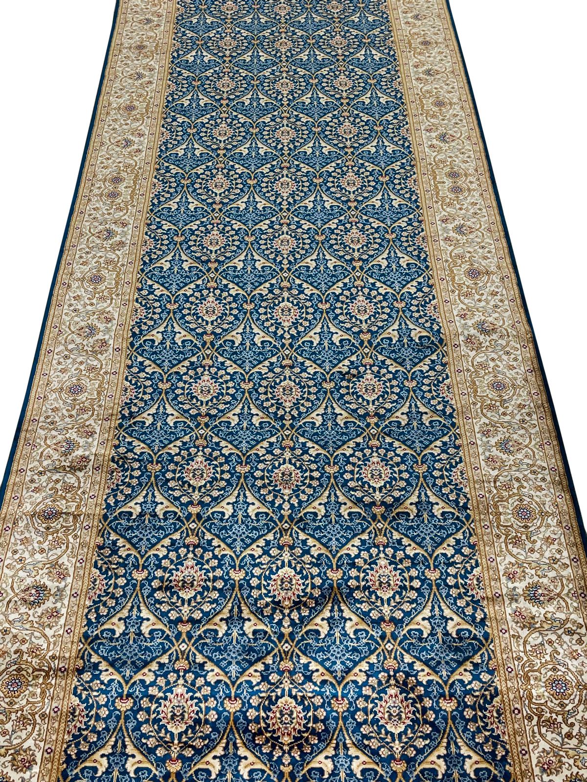 3x10 Blue and Ivory Turkish Silk Runner