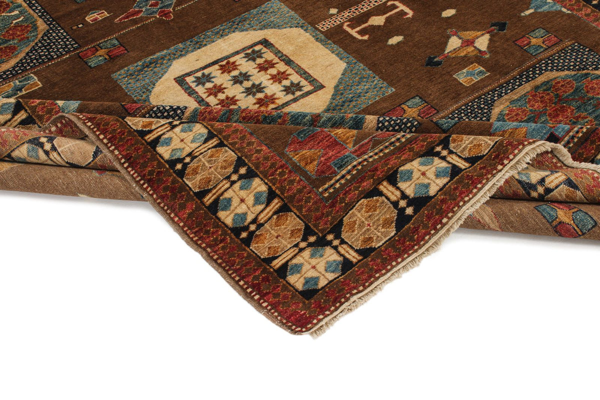 6x8 Brown and Ivory Kazak Tribal Rug