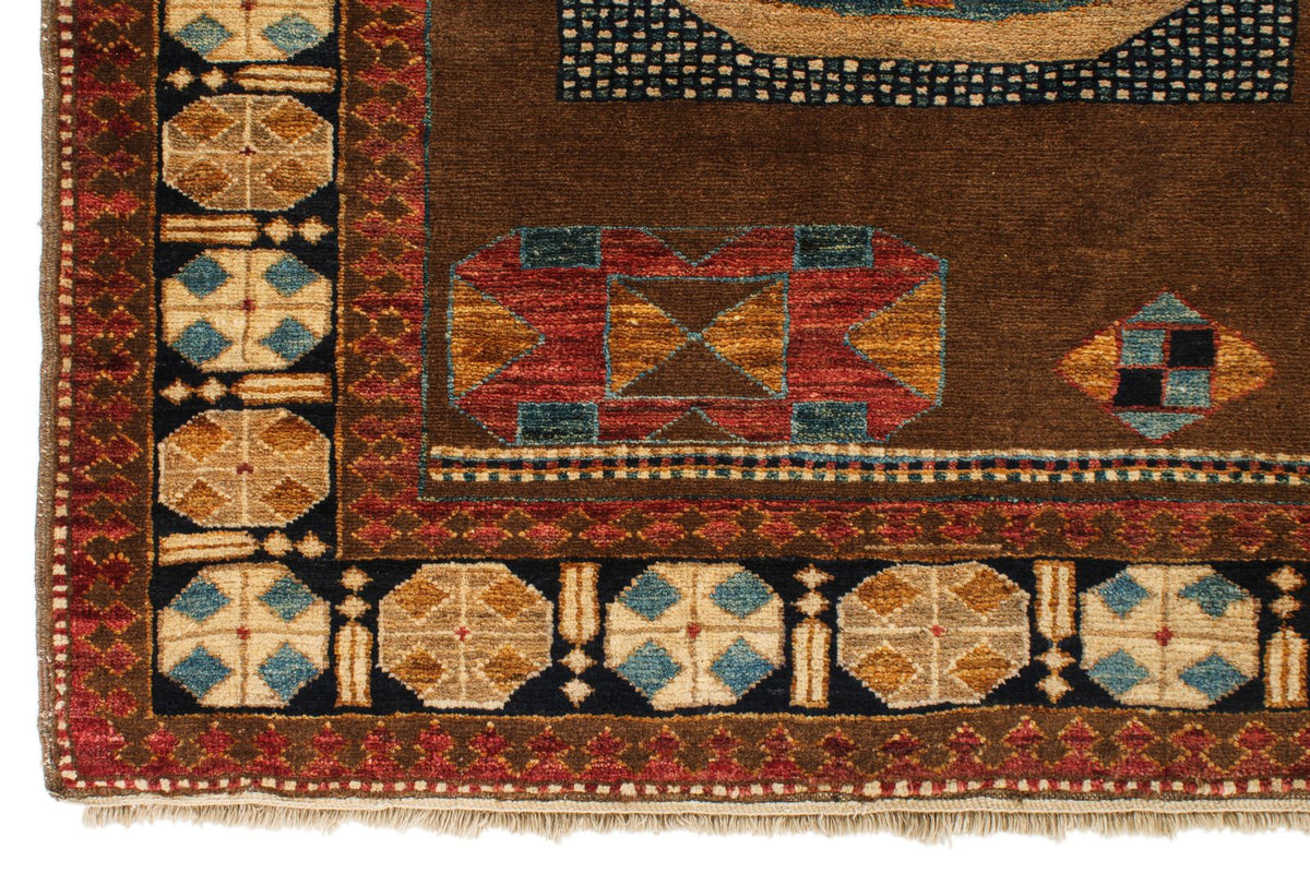 6x8 Brown and Ivory Kazak Tribal Rug