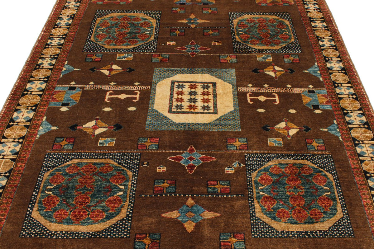 6x8 Brown and Ivory Kazak Tribal Rug