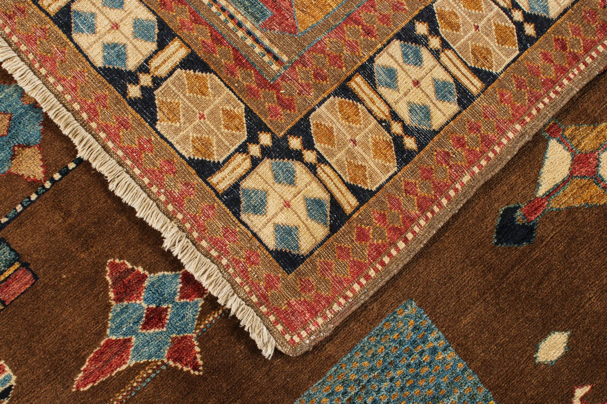 6x8 Brown and Ivory Kazak Tribal Rug